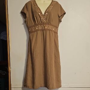 J. Jill Brown Embroidered Midi Dress 100% Linen